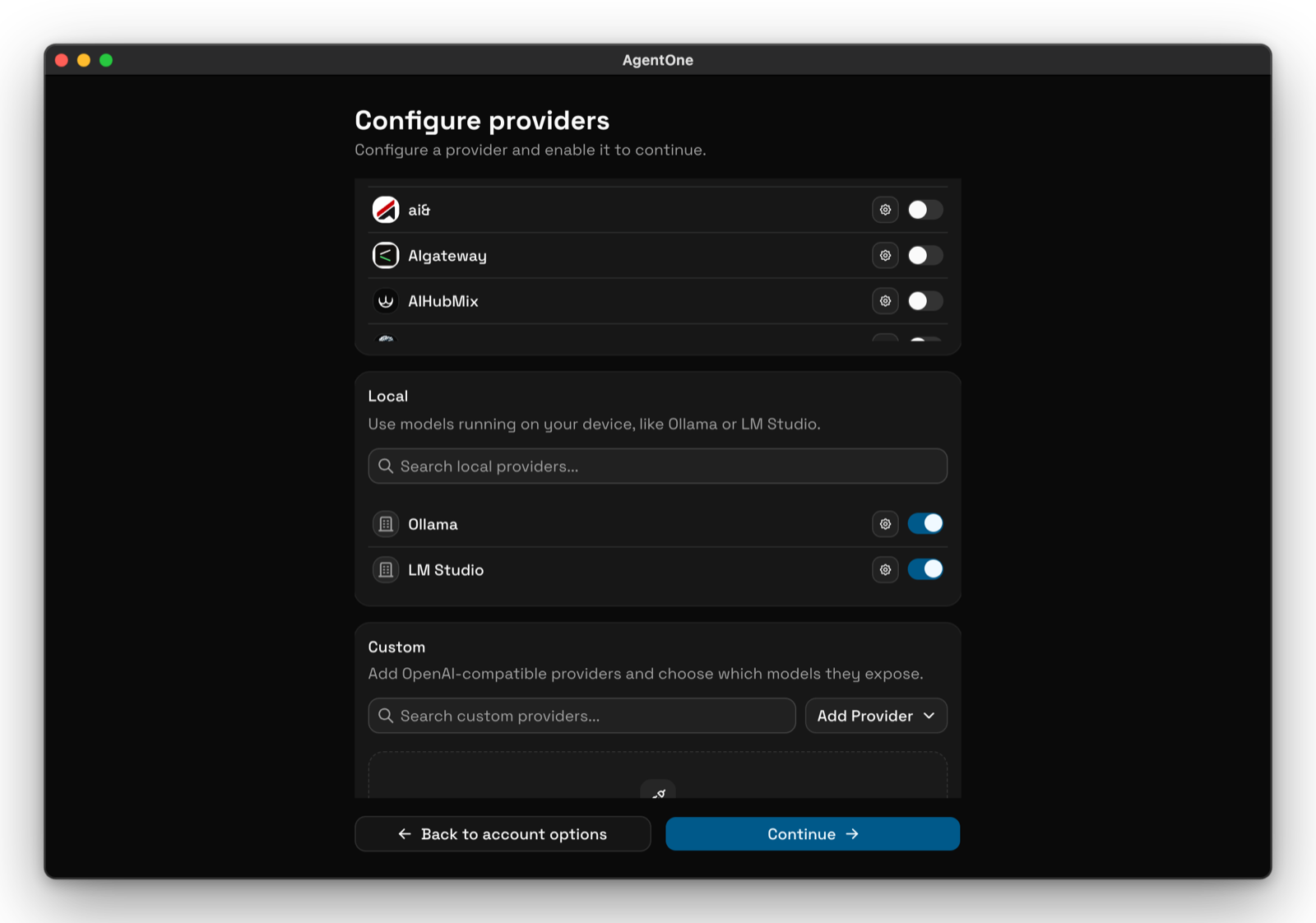 AgentOne's Configure providers screen, with Ollama turned on under Local