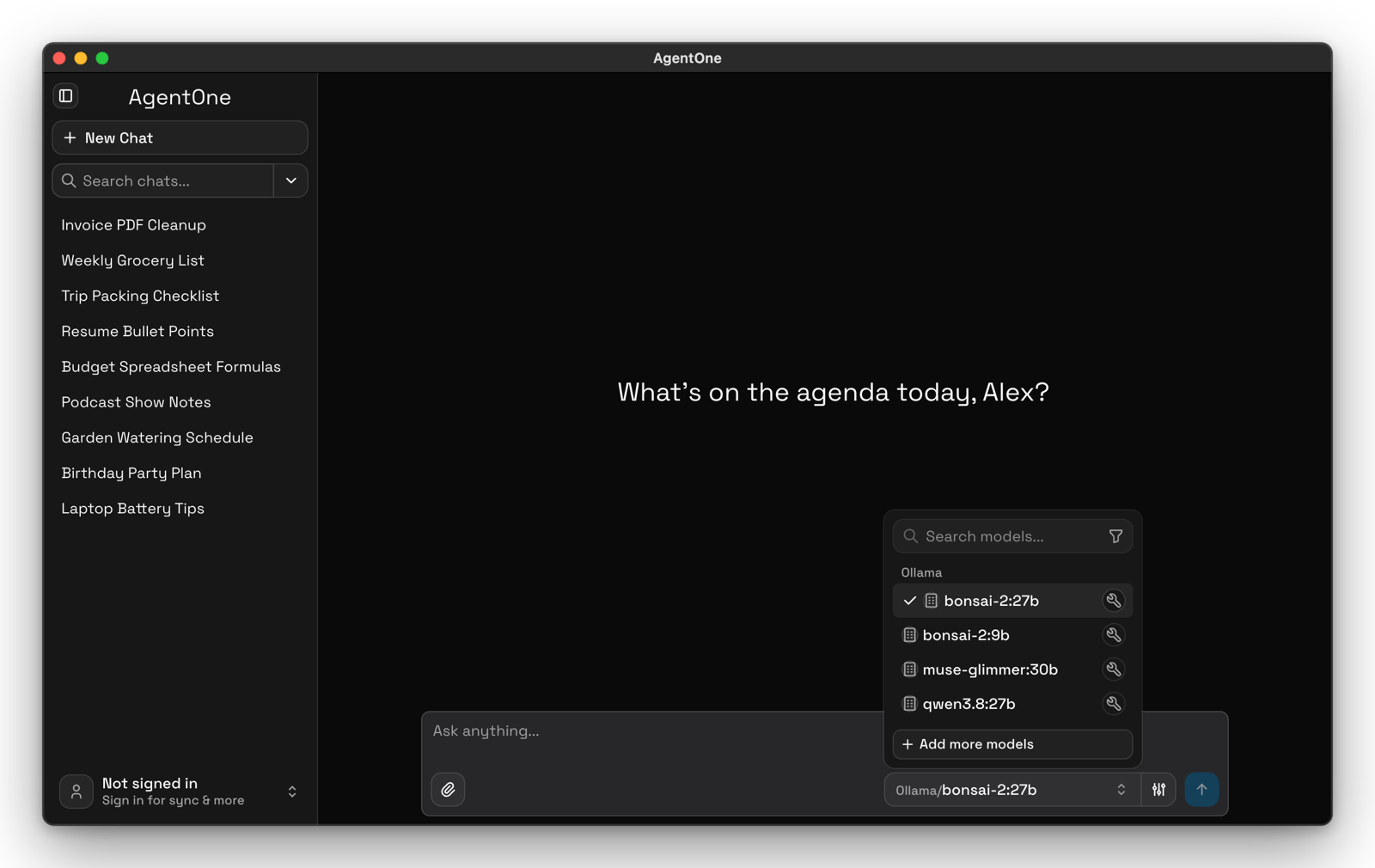 The AgentOne model selector showing downloaded Ollama models