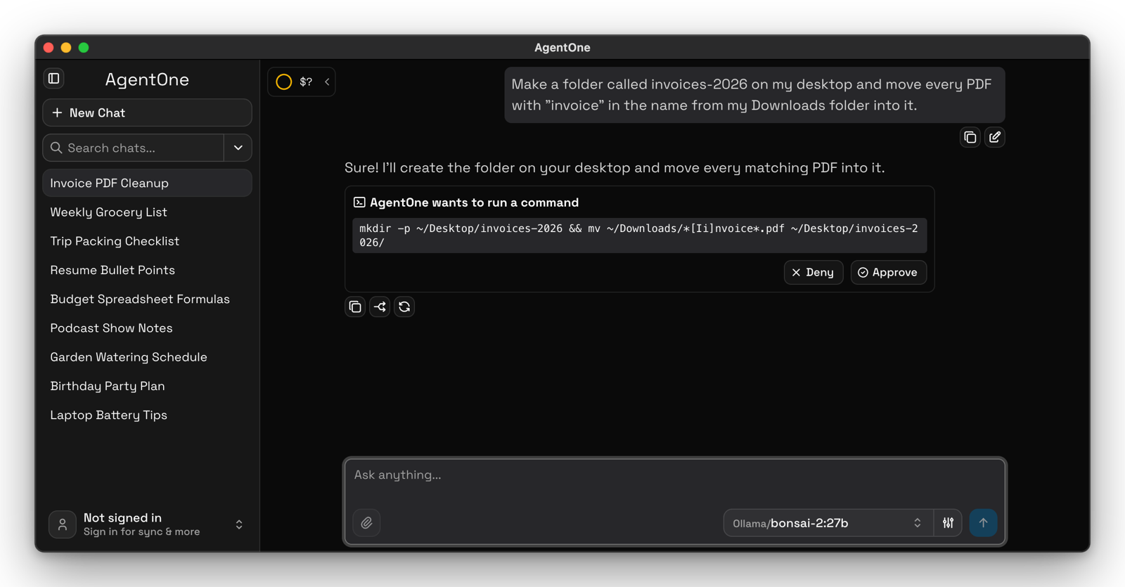 A local Ollama model in AgentOne asking for approval before running a command